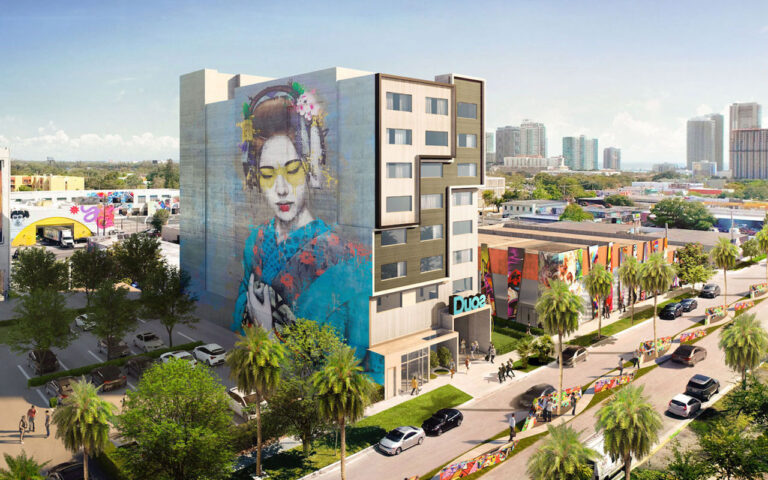 DUOS Wynwood — render aéreo del edificio con mural en Wynwood, Miami