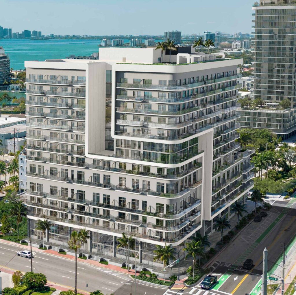 NoBe Parc Residences — render aéreo de la torre en North Beach, Miami Beach