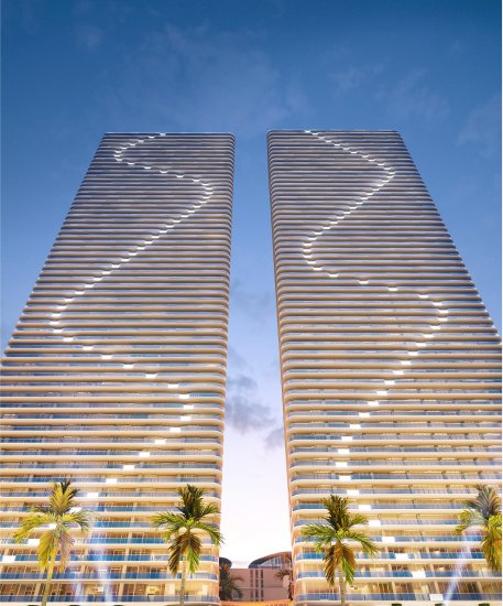 Torres gemelas de Aria Reserve frente a la Bahía Biscayne en Edgewater, Miami