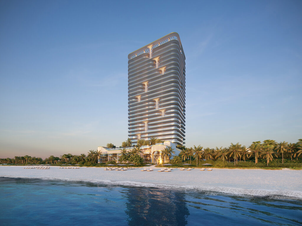 Waldorf Astoria Residences Pompano Beach — torre frente al océano al atardecer