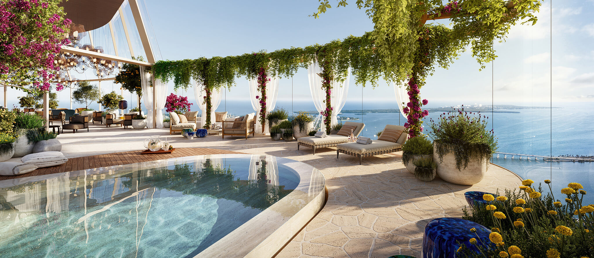 The Residences at 1428 Brickell — piscina del observatorio en el rooftop a 850 pies con vista a la bahía