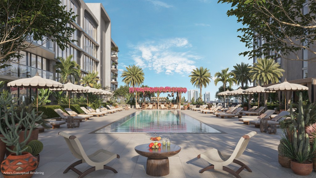 Frida Kahlo Wynwood Residences — piscina estilo resort con pérgola y áreas lounge