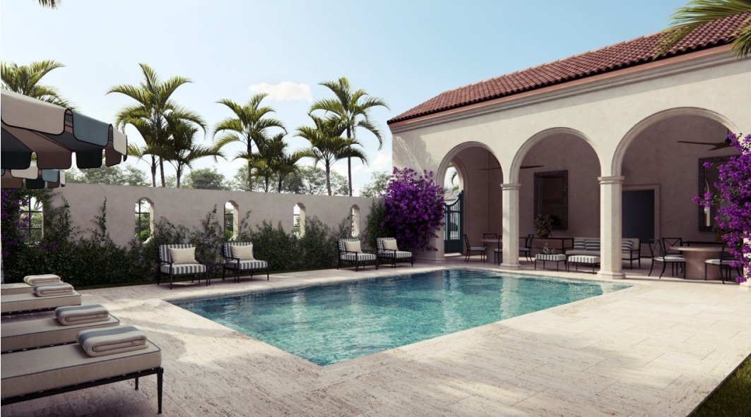 The Village at Coral Gables — piscina estilo resort con buganvillas