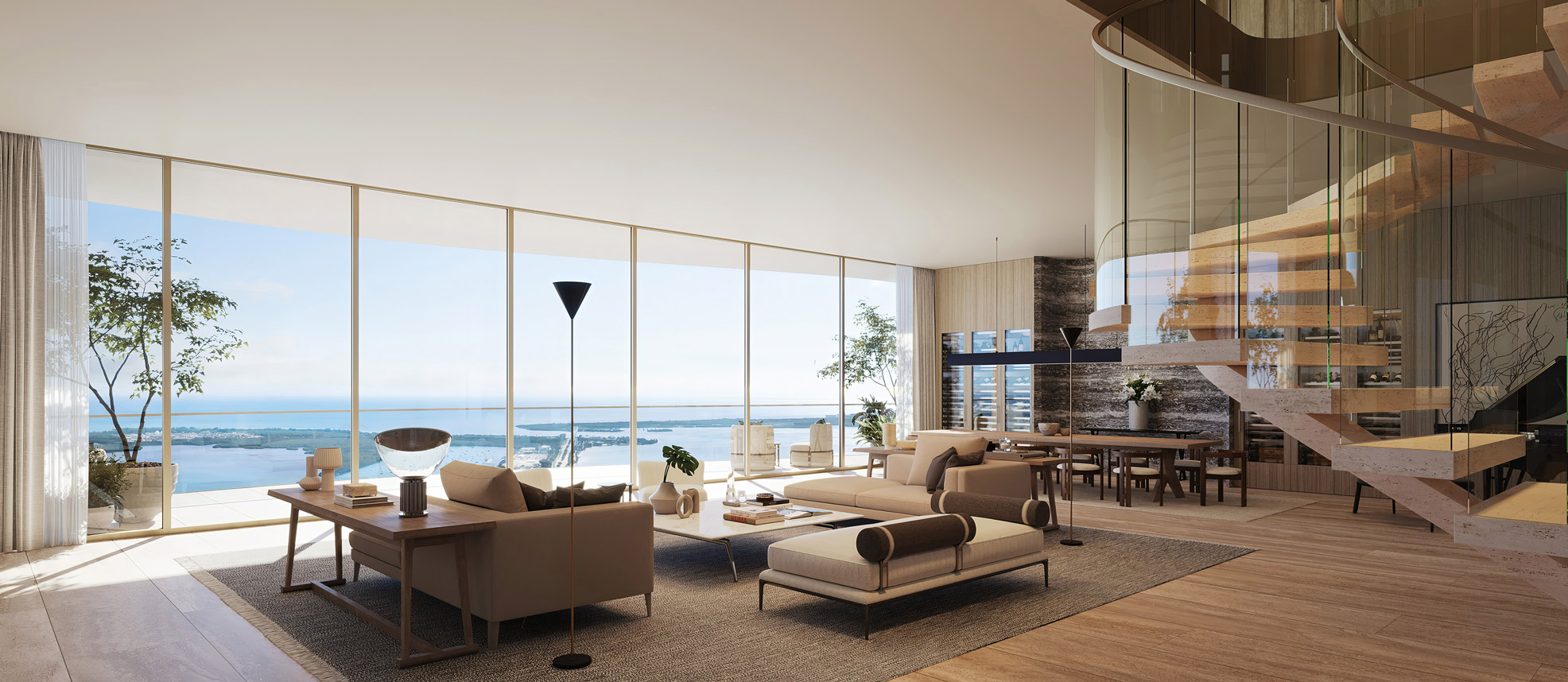 The Residences at 1428 Brickell — sala de dúplex con escalera escultórica y ventanales a la bahía