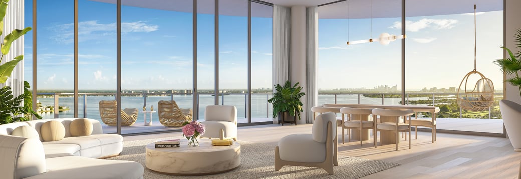 Interior de residencia en Continuum Club & Residences con ventanales y vista a la bahía