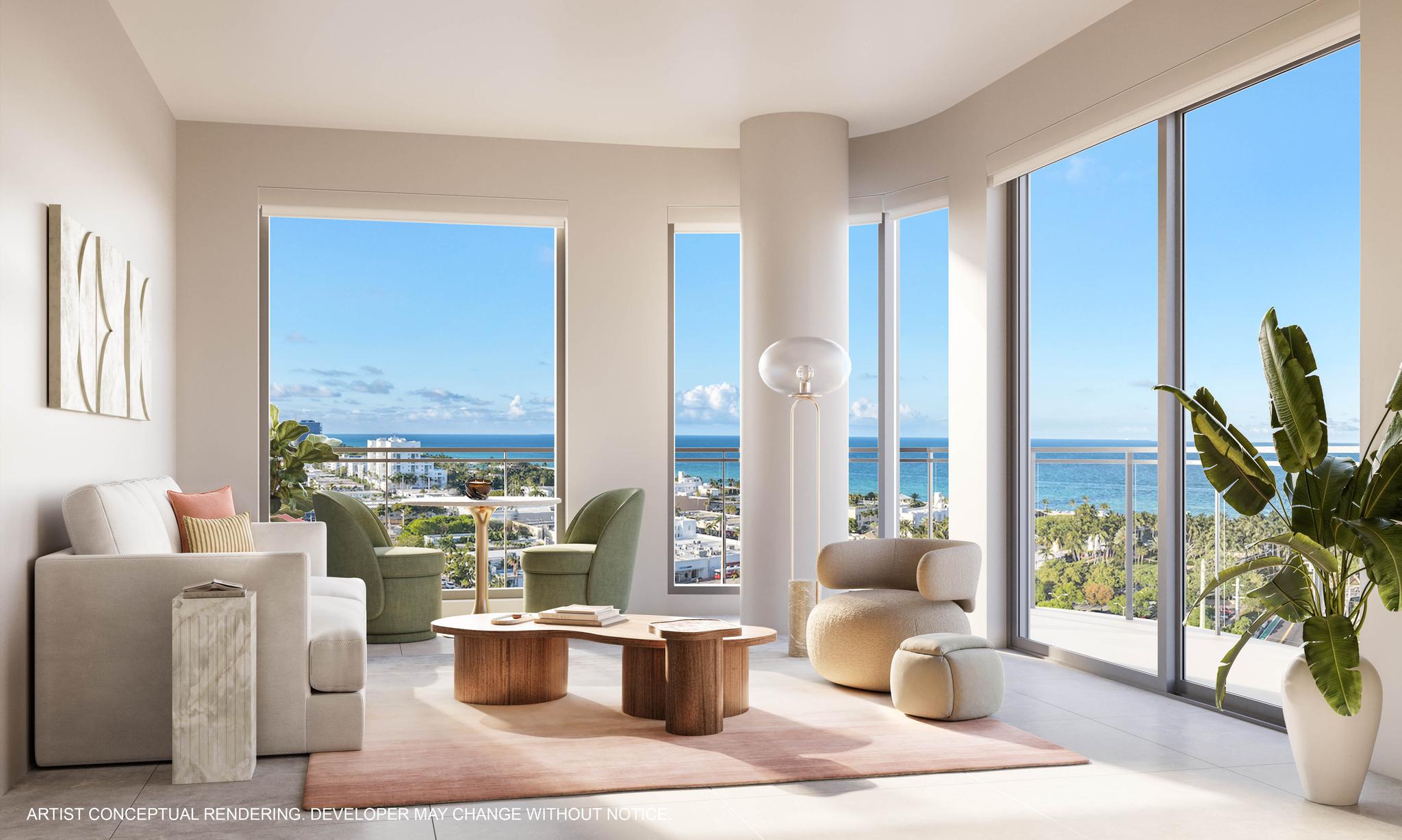 NoBe Parc Residences — sala amoblada con vista al mar en North Beach, Miami Beach