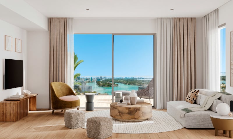 Palma Residences — sala amoblada con vista a la bahía