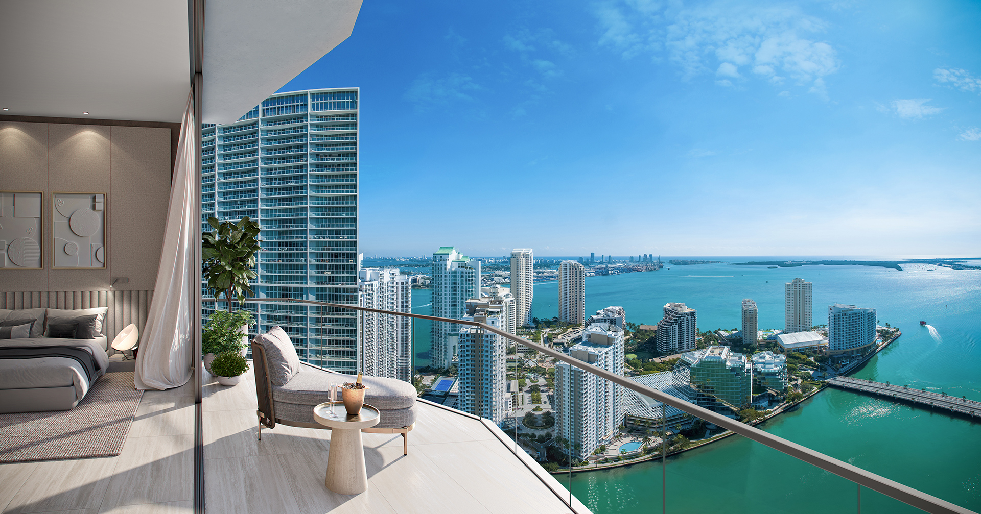 Viceroy Brickell Residences — habitación con balcón y vista a la bahía en Brickell