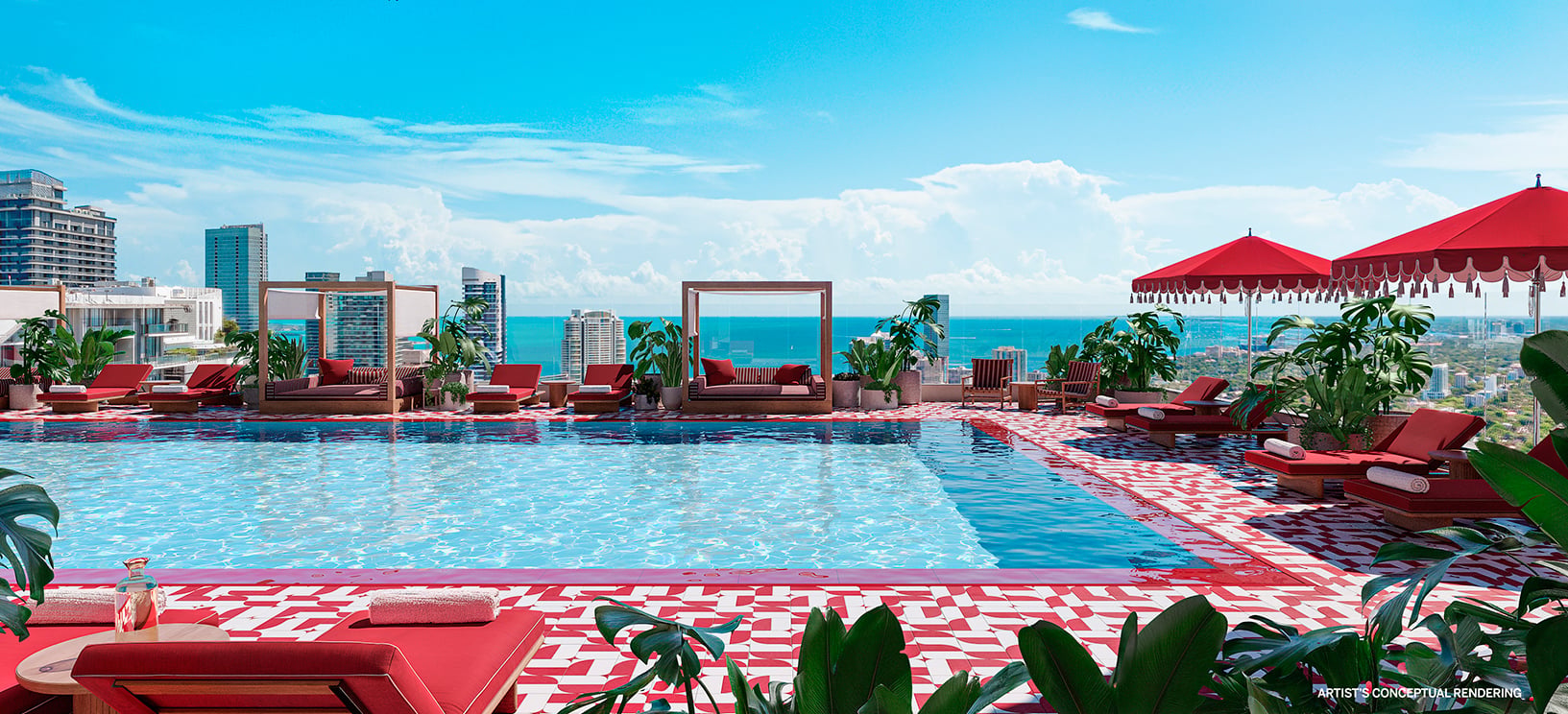 The Standard Residences Brickell — piscina estilo resort en el rooftop, piso 45