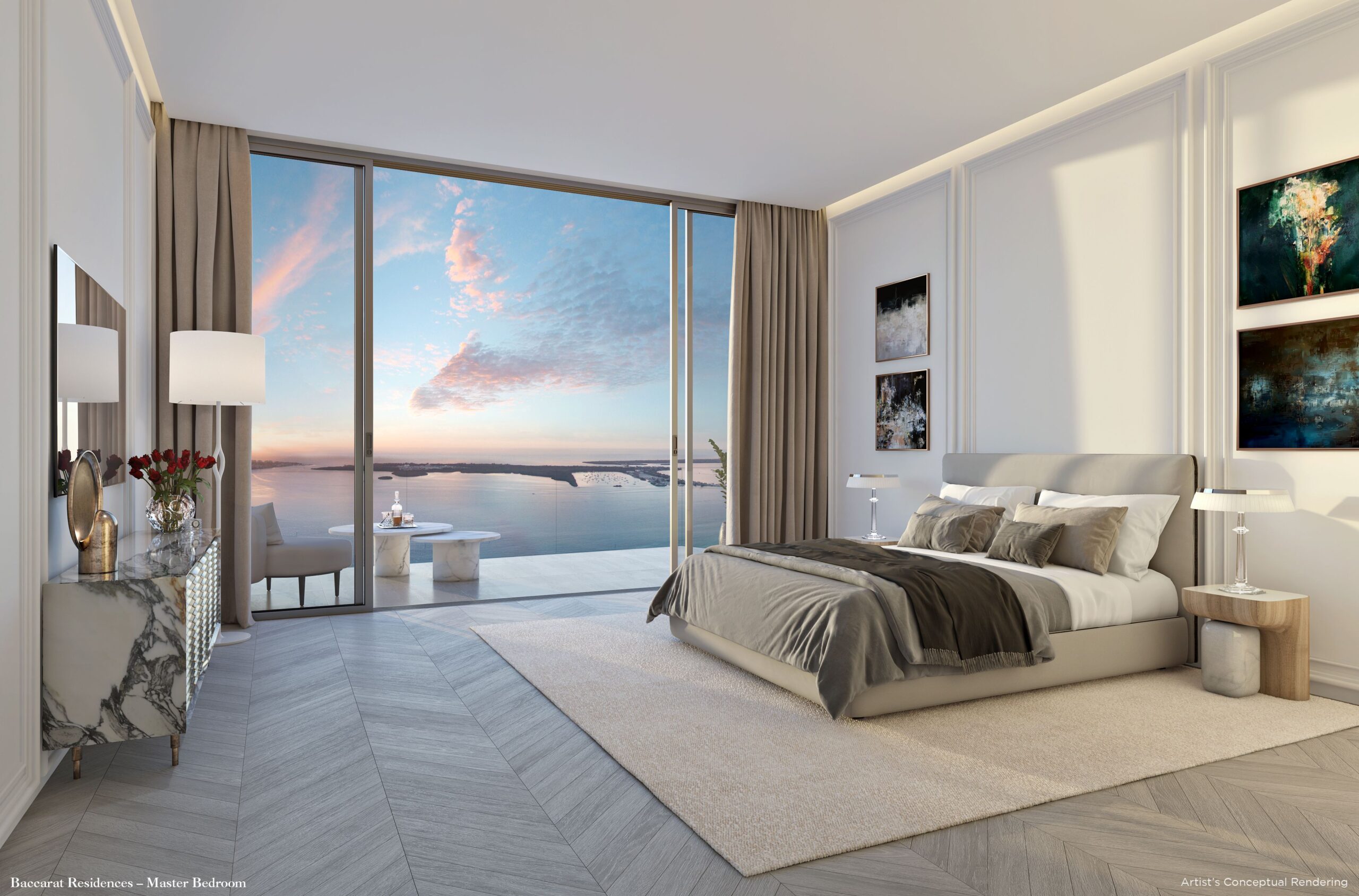 Dormitorio principal de Baccarat Residences en Brickell, Miami