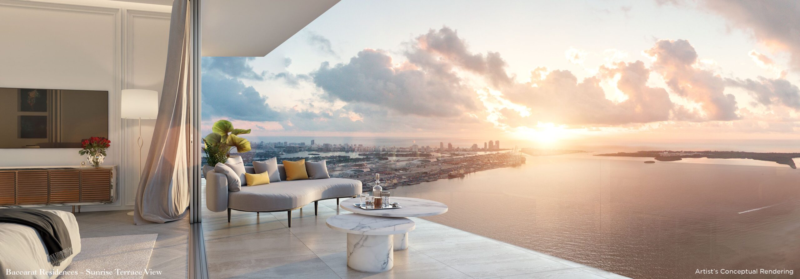 Terraza al amanecer de Baccarat Residences en Brickell, Miami