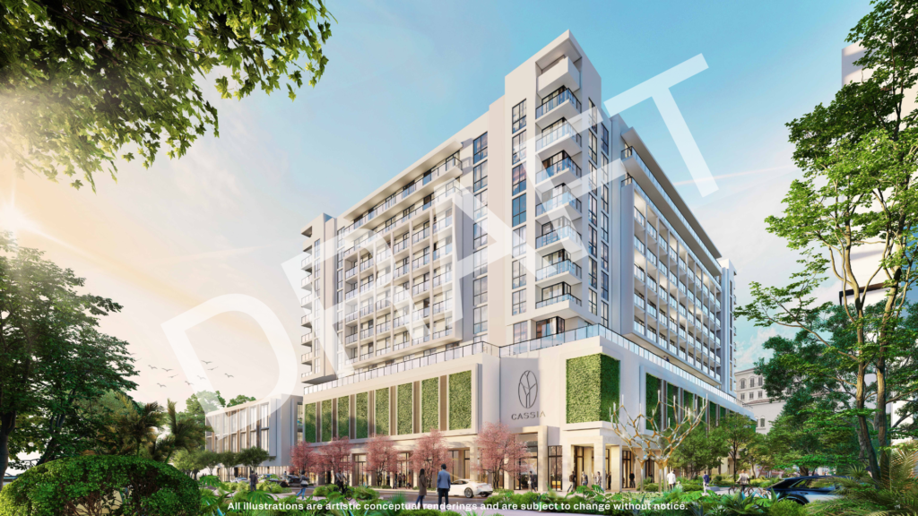 Render de la fachada de Cassia Residences en Merrick Park, Coral Gables