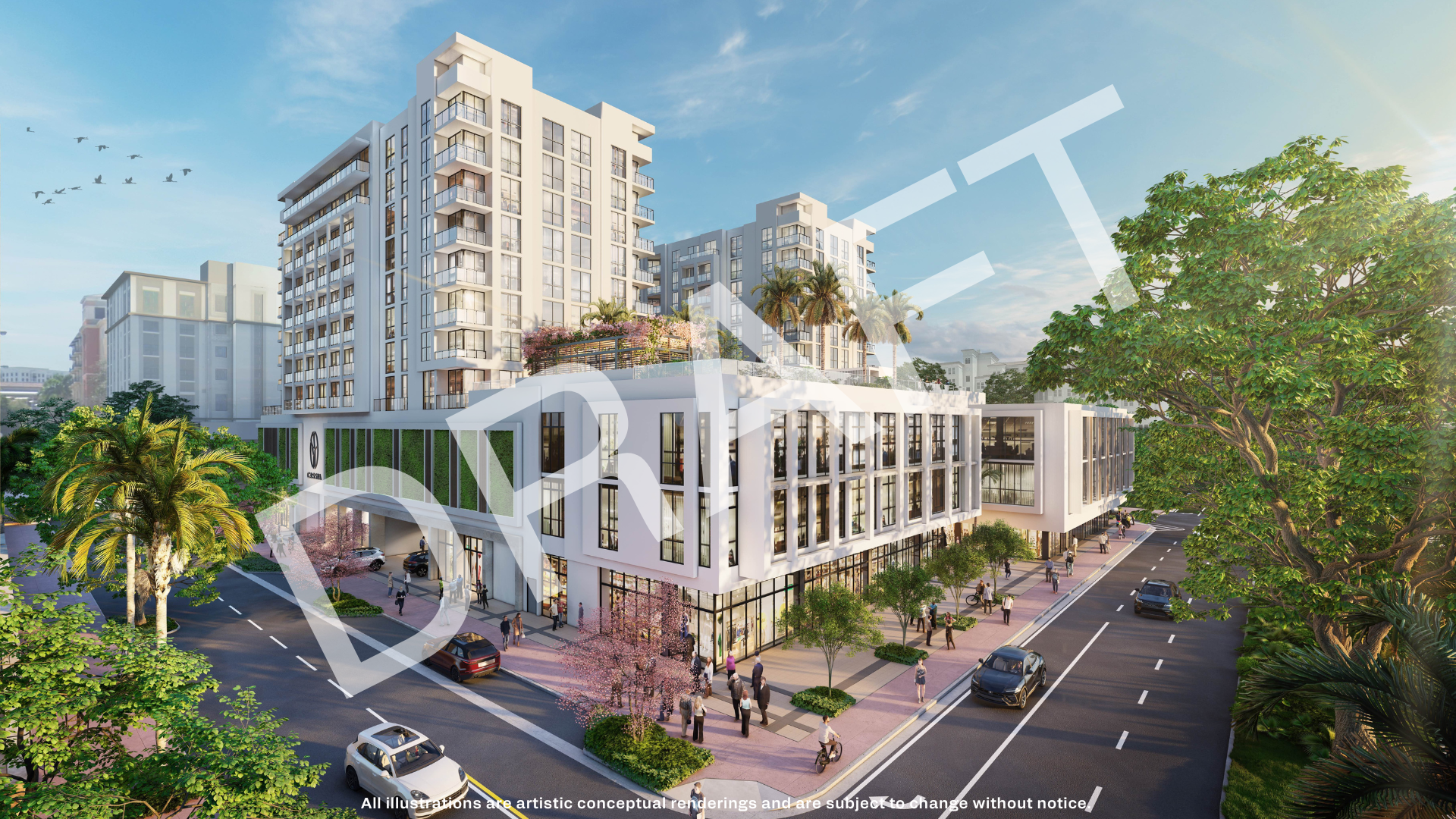Render de la fachada comercial a nivel de calle de Cassia Residences en Merrick Park, Coral Gables