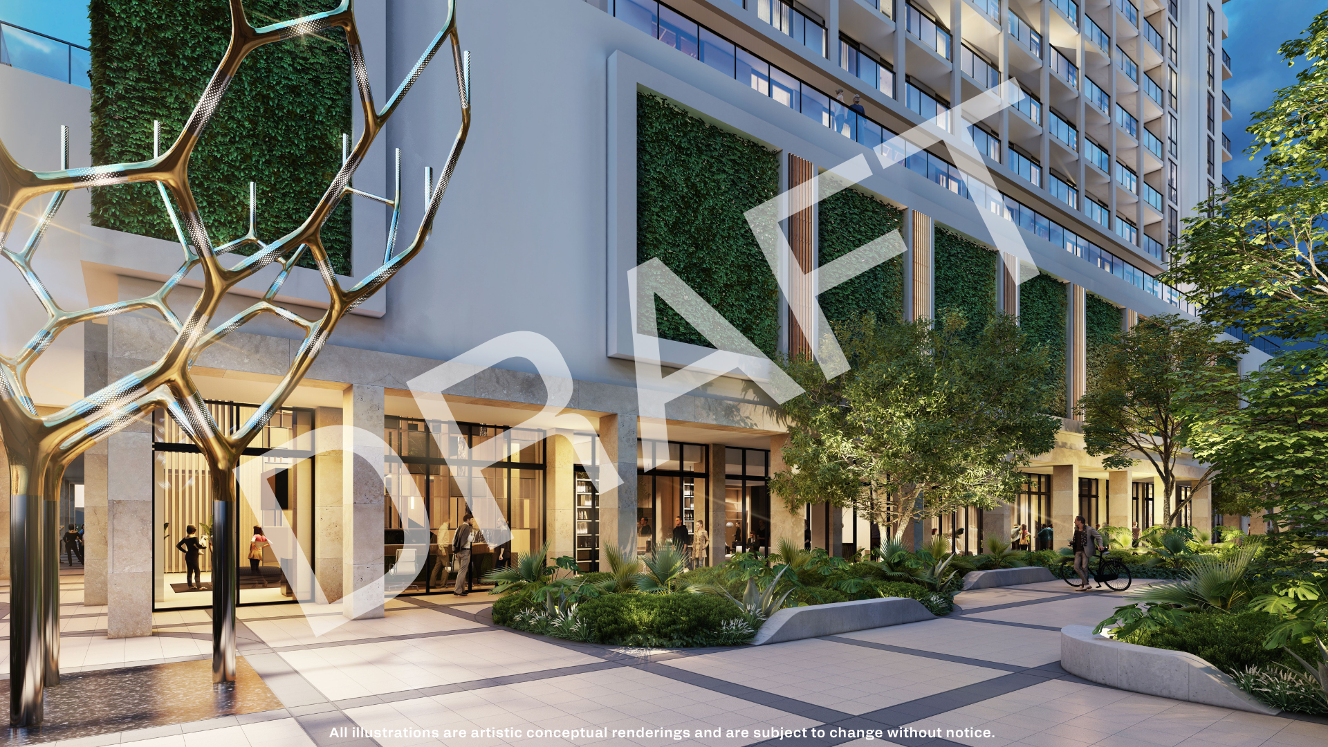 Render de la entrada principal de Cassia Residences en Merrick Park, Coral Gables