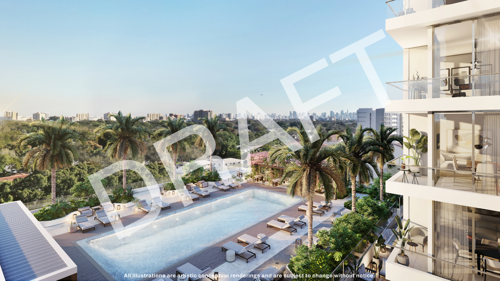 Render de la piscina y el deck de amenidades de Cassia Residences en Merrick Park, Coral Gables