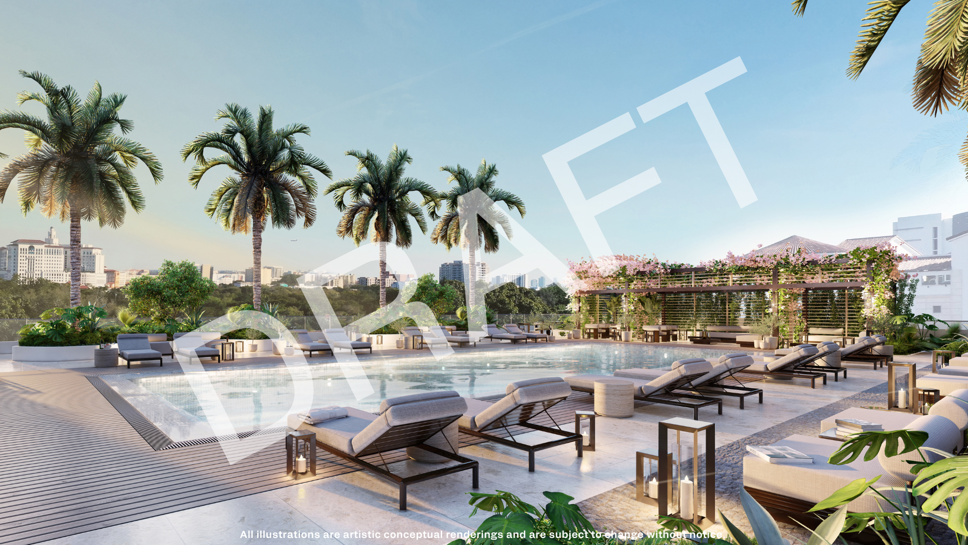 Render de la piscina en la azotea de Cassia Residences al atardecer, Merrick Park, Coral Gables