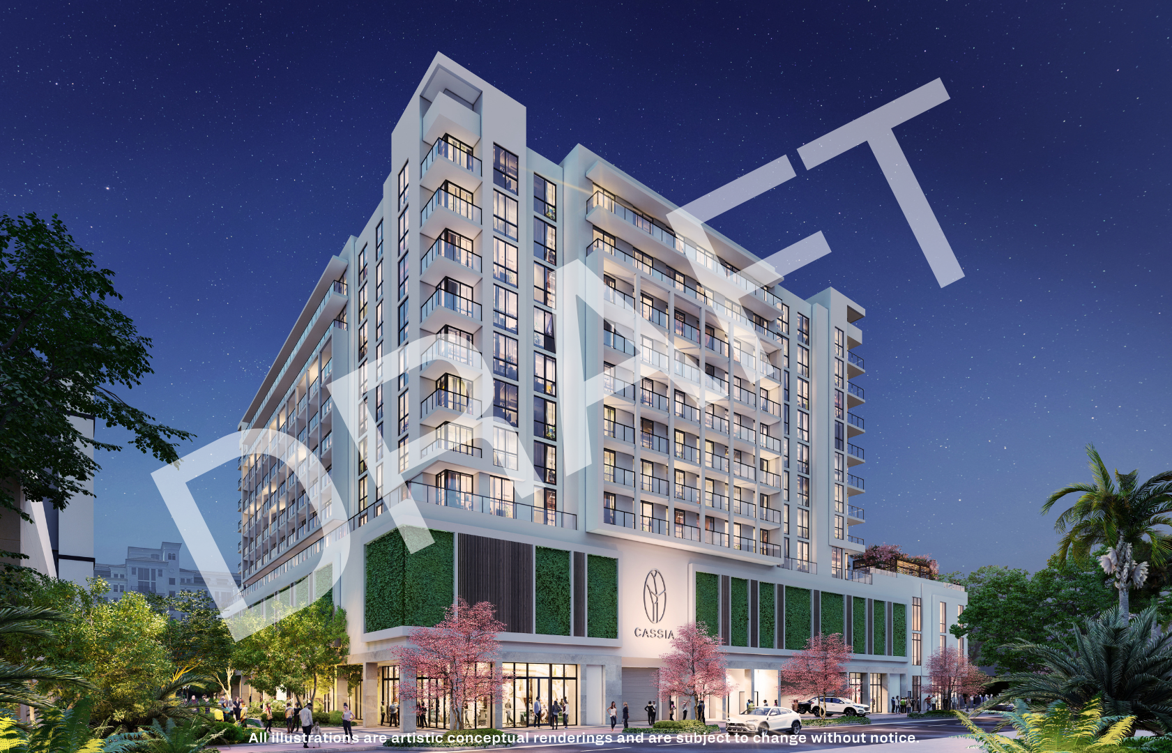 Render nocturno de la fachada de Cassia Residences en Merrick Park, Coral Gables