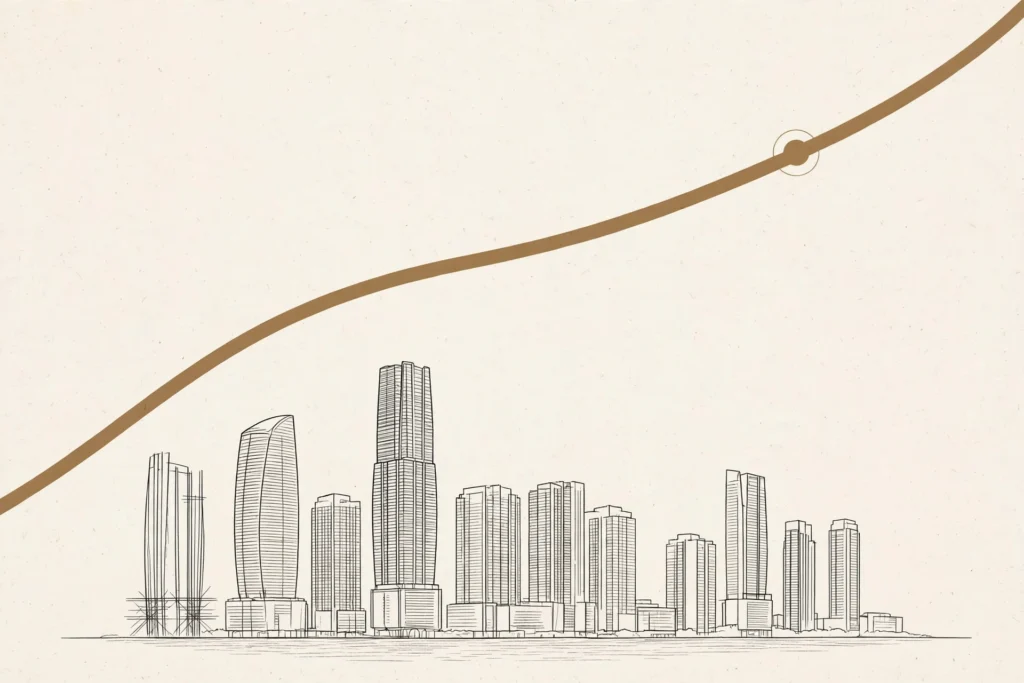 Skyline de Brickell, Miami, al atardecer con línea de tendencia ascendente — 194 ventas de más de US$10 millones en ocho meses, rumbo a récord