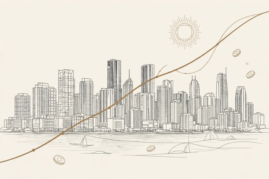 Skyline de Miami con gráfico de tendencia al alza en paleta crema y dorado — el peso argentino pierde ~30% en dólares por año mientras los precios en Florida se sostienen