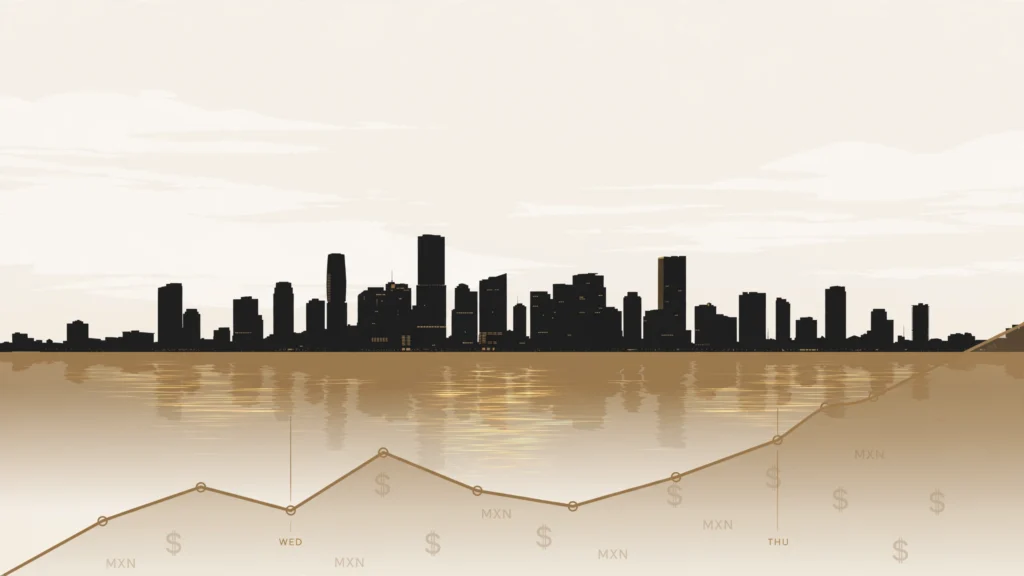 Skyline de Miami al amanecer en paleta crema y dorado, con una línea de tendencia dorada que sube y marcas de miércoles y jueves: la semana de doble decisión — PCE en EE.UU. y BanRep en Colombia