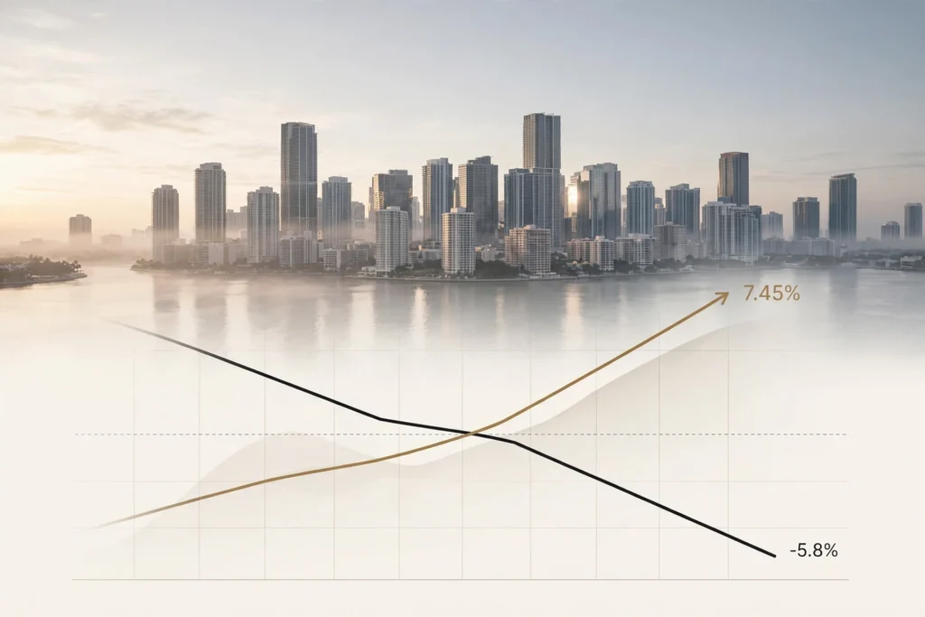 Skyline de Miami al amanecer en paleta crema y dorado: una línea de tasas hipotecarias sube y cruza el 7.45% mientras una curva de precios de obra nueva cae -5.8% — la paradoja del crédito caro y la vivienda nueva más barata