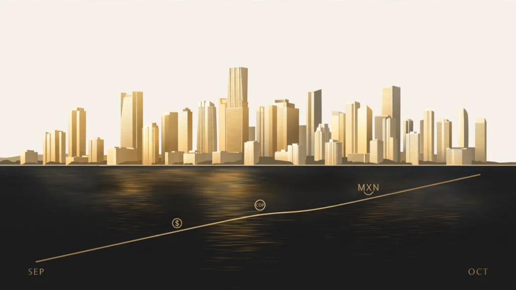 Skyline de Miami al amanecer en paleta crema y dorado, con una línea de tendencia dorada del dólar que sube hacia octubre y motivos de pesos colombianos y mexicanos: el día que define el dólar de octubre — PCE, BanRep y el FMI