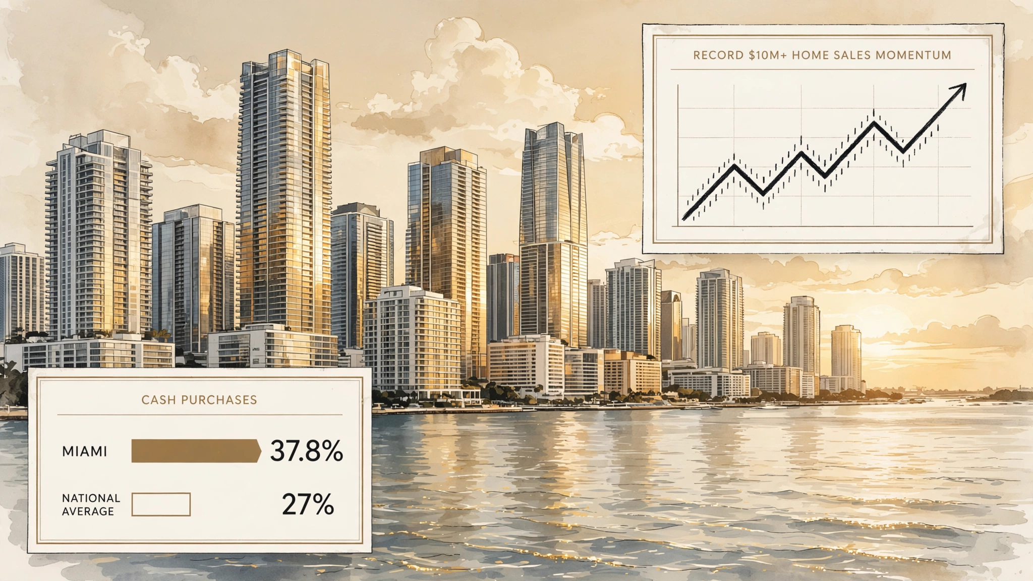 Miami va por el récord: 194 ventas de US$10M+ en 8 meses y el 37.8% se paga en efectivo con la hipoteca sobre el 7%