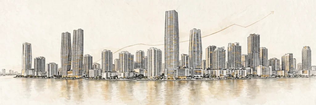 Skyline de Brickell, Miami al atardecer con línea de tendencia ascendente — la Fed sube tasas y el mercado de lujo de Miami va camino a récord