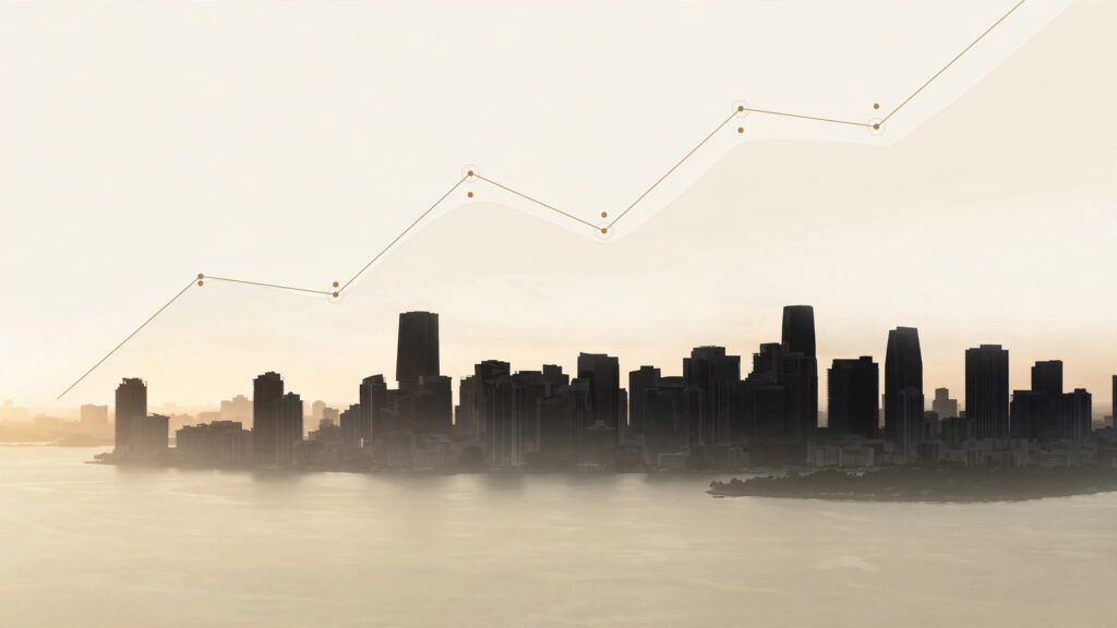 Skyline de Miami al amanecer en paleta crema y dorado con gráfico de línea del tipo de cambio peso-dólar al alza — Banxico decide este jueves y el dólar FIX toca 17.30