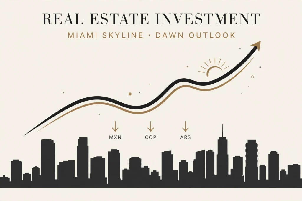 Skyline de Miami al amanecer en paleta crema y dorado con gráfico de línea ascendente del dólar y flechas descendentes de las monedas latinoamericanas — el dólar fuerte devora las monedas latinas mientras Miami sube 8%
