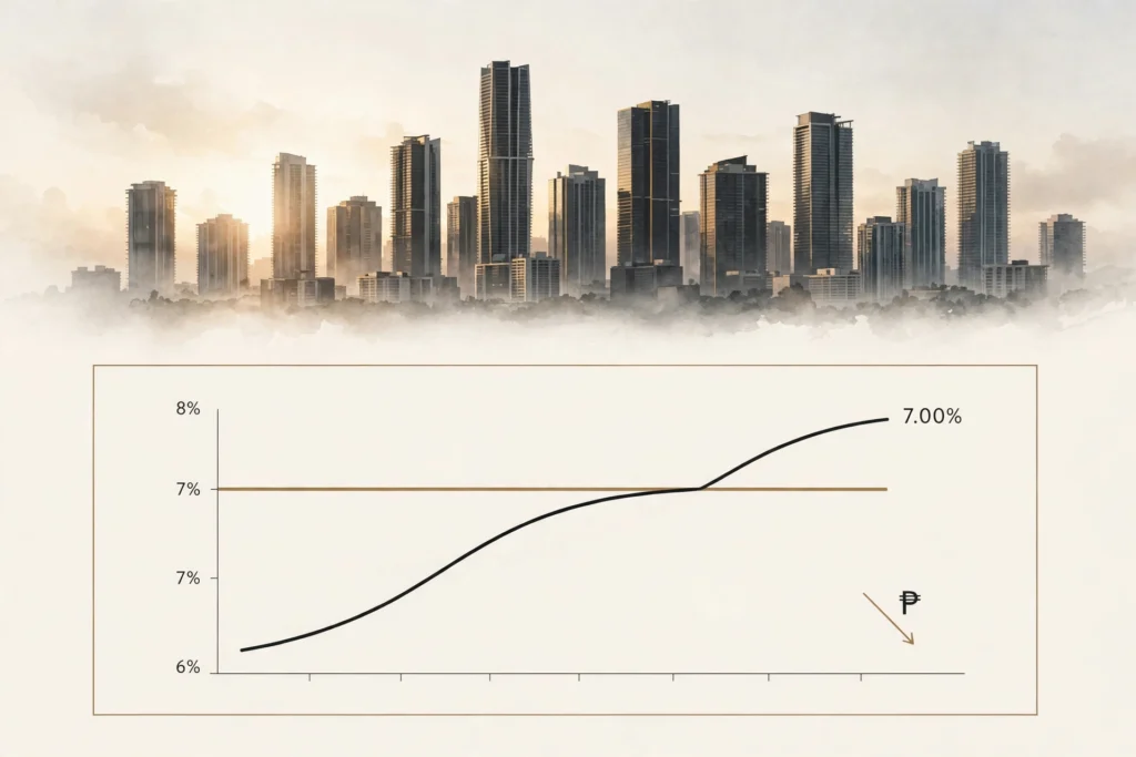 Skyline de Miami al amanecer en paleta crema y dorado con una curva de tasas de interés cruzando la línea del 7.00% y una flecha descendente del peso — la hipoteca cruzó el 7% por primera vez desde 2025 mientras el capital se adelanta en Miami