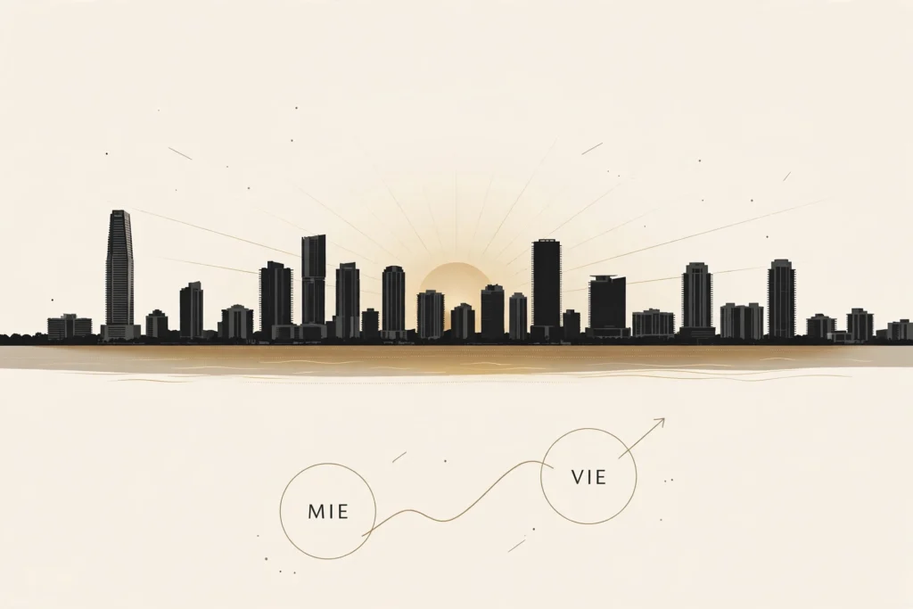 Skyline de Miami al amanecer en paleta crema y dorado: torres frente a la bahía y un calendario que marca miércoles (PCE) y viernes (nóminas) — la semana que decide la próxima movida de la Fed