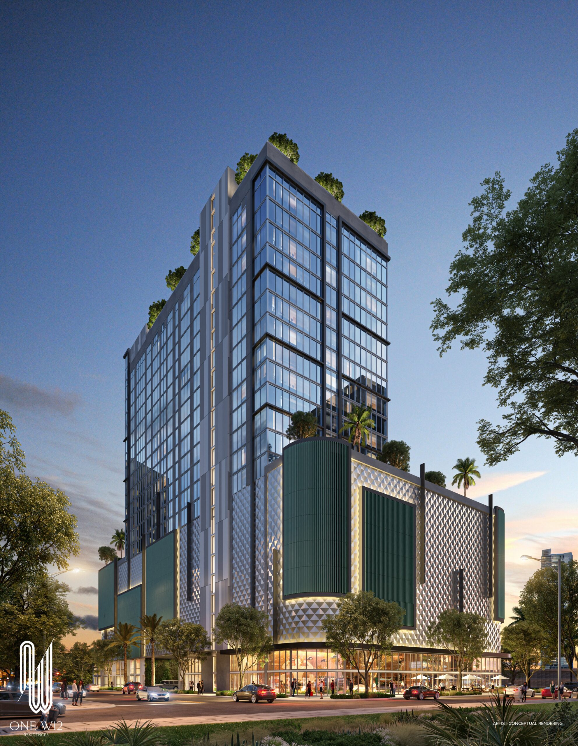 ONE W12 Residences en Overtown, Miami: vista exterior de la torre residencial de 23 pisos