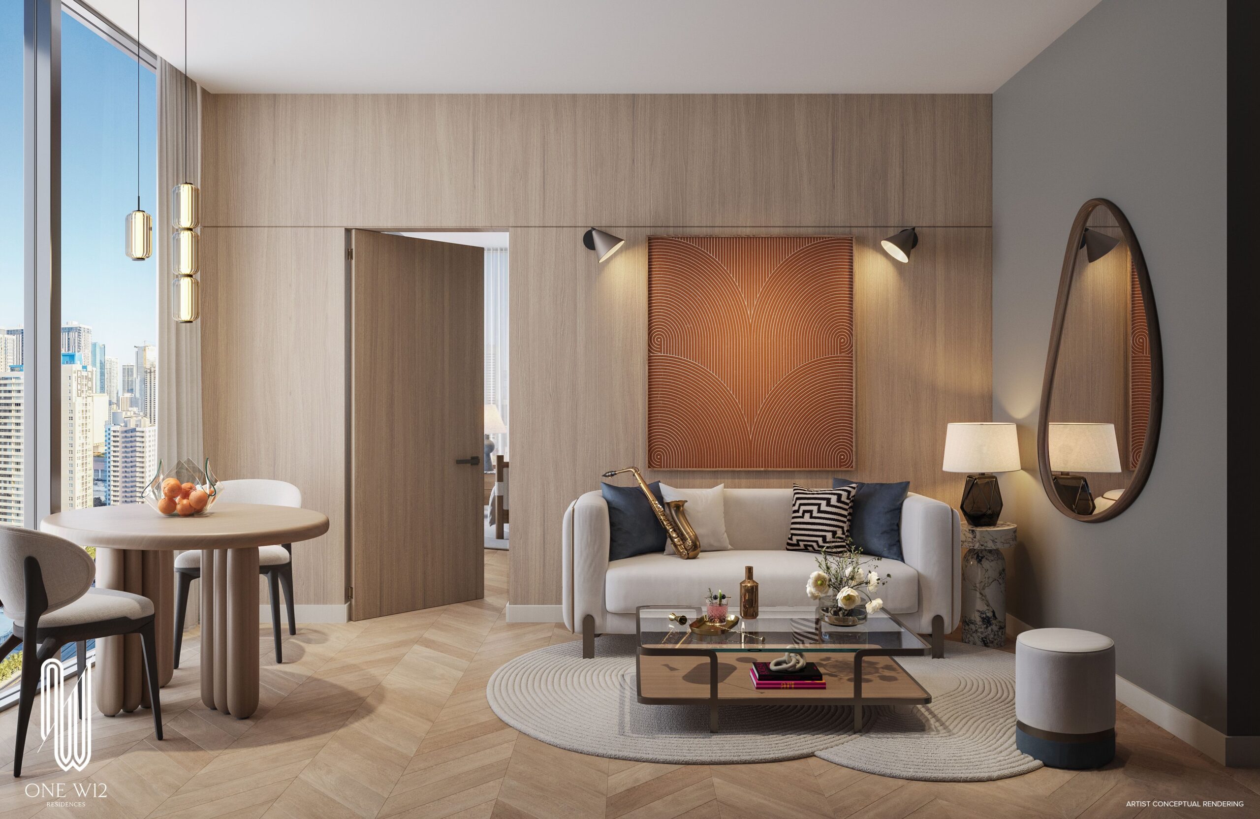 Sala de estar de residencia amueblada en ONE W12 Residences, Overtown Miami