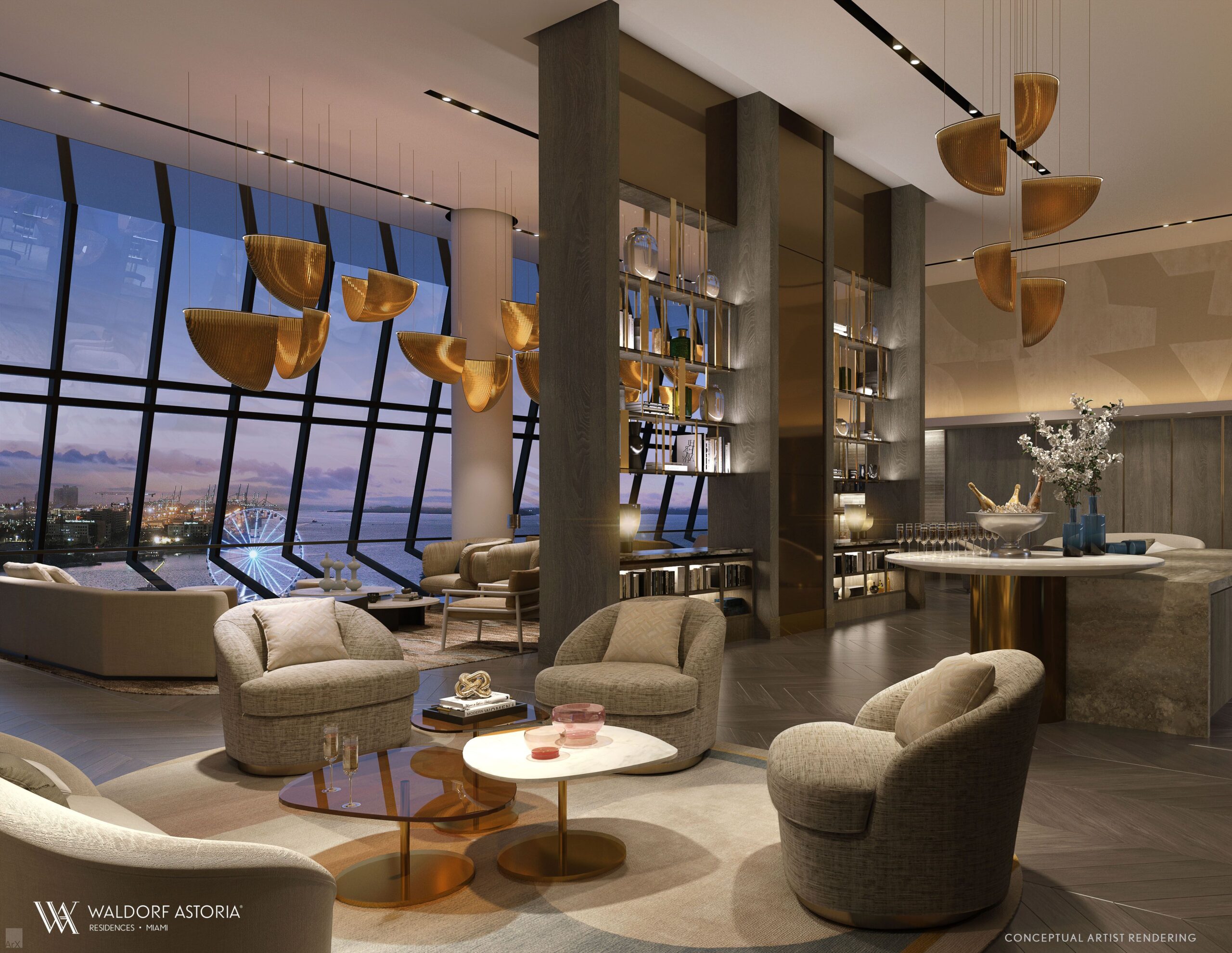 Salón lounge de amenidades de Waldorf Astoria Residences en Brickell, Miami