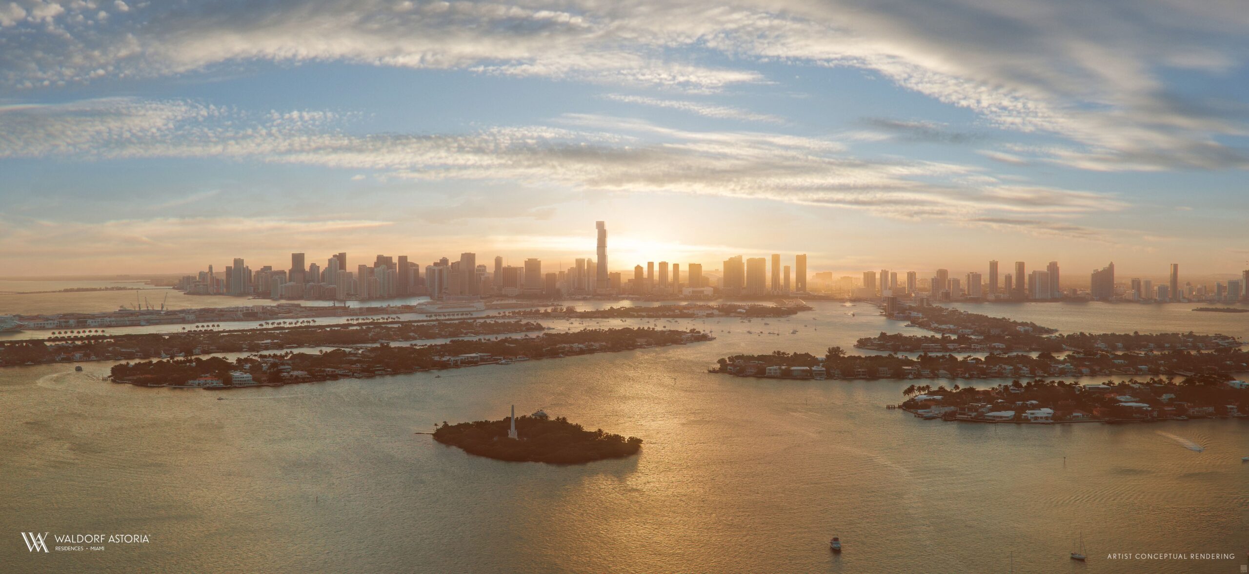 Torre de Waldorf Astoria Residences en Brickell, Miami al atardecer