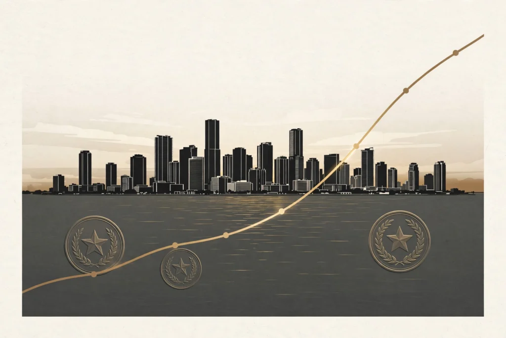 Skyline de Miami al amanecer en paleta crema y dorado, con una flecha de tendencia dorada subiendo hacia octubre y motivos del peso colombiano: el día que BanRep subió a 12.25% y la TRM cayó a $3,312.84