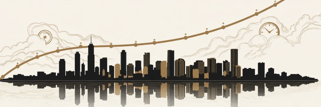 Skyline de Miami al amanecer en paleta crema y dorado, con una curva ascendente dorada cruzando el cielo: el día que el empleo de EE.UU. enfrió a 29,000 nóminas y la hipoteca marcó 7.28%