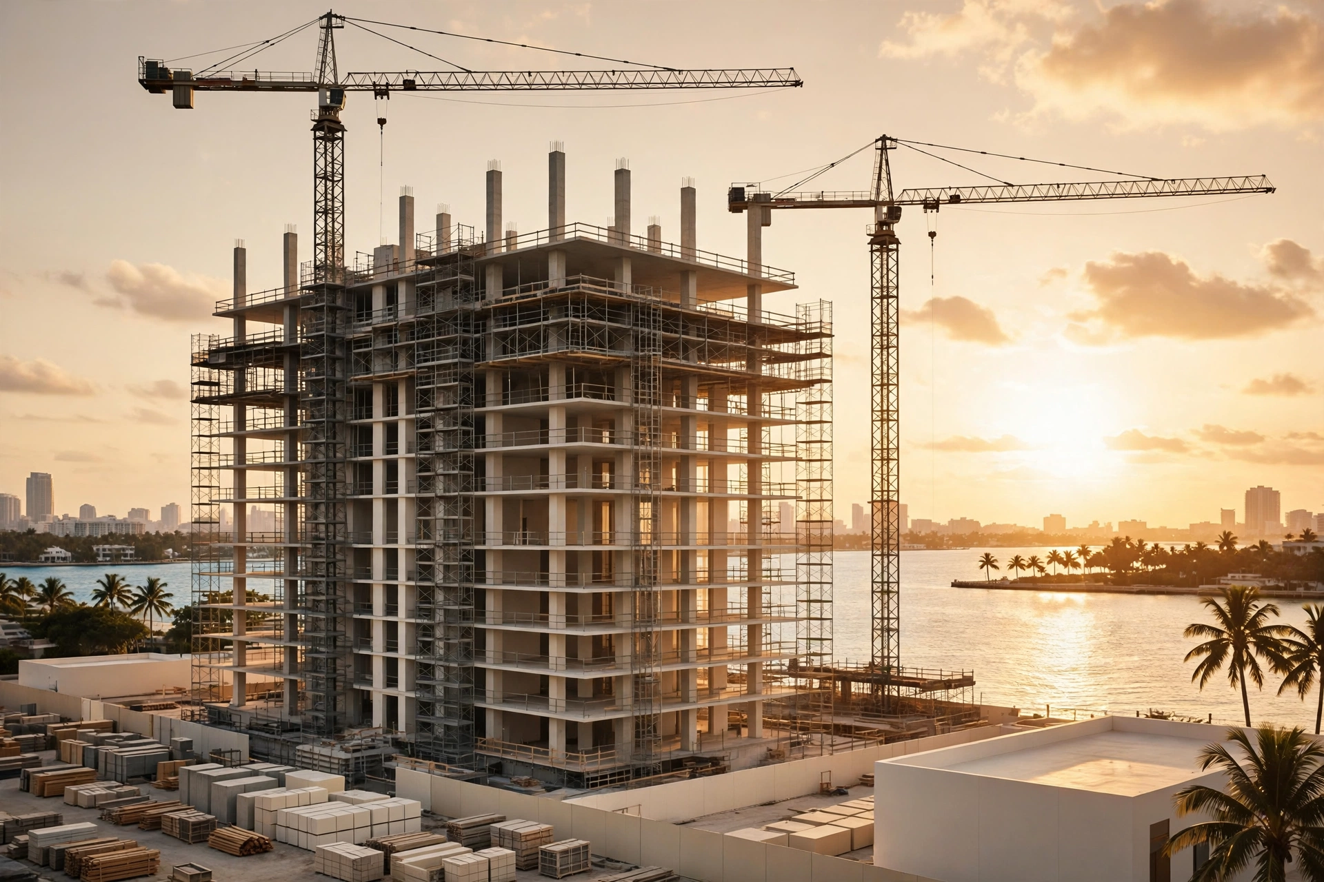 Torre residencial en construcción en Miami al atardecer