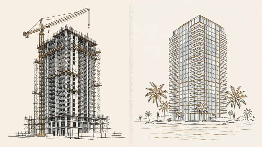 Ilustración editorial: torre en construcción junto a torre terminada en Miami, comparación entre preconstrucción y reventa.